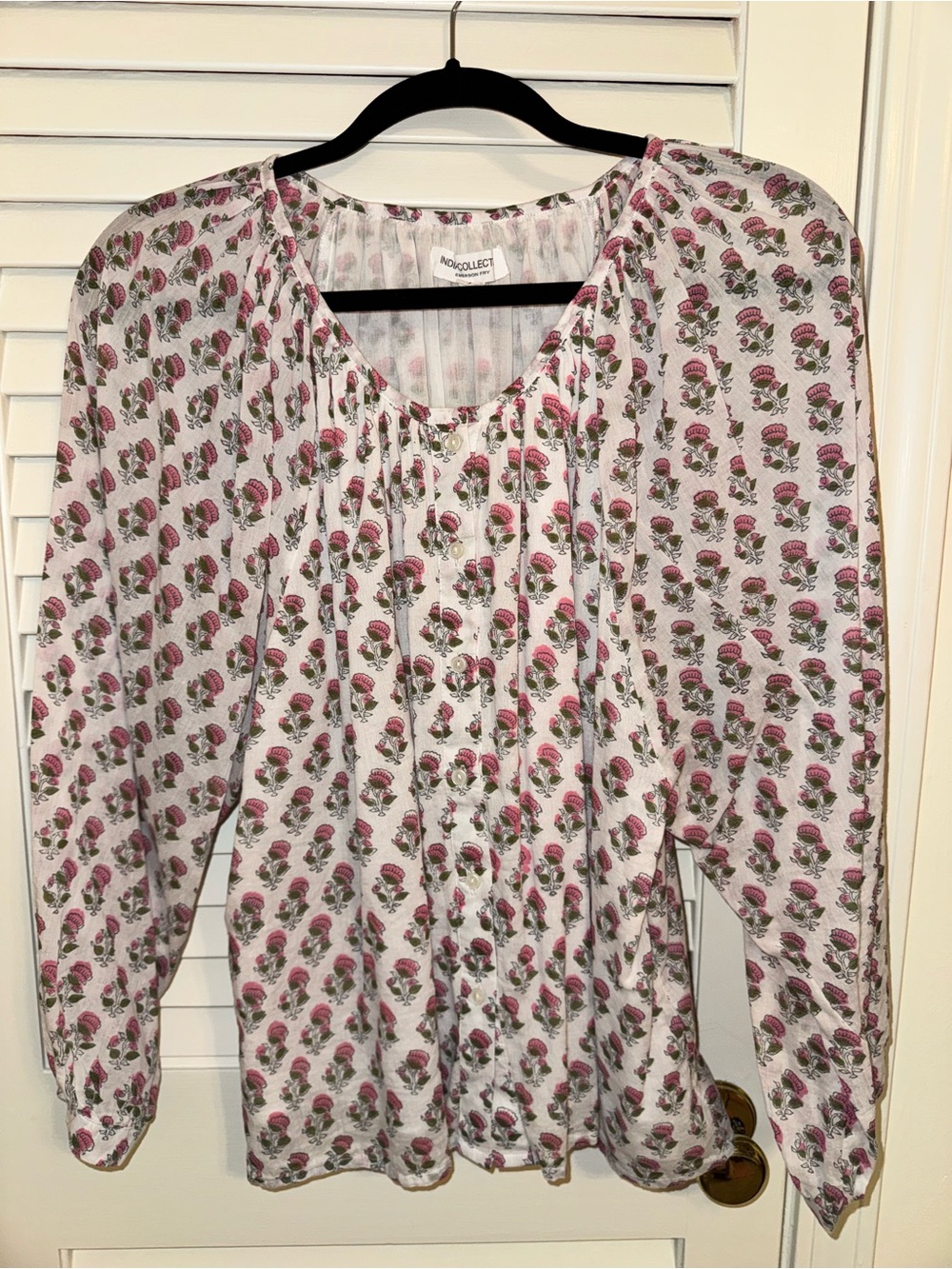 EUC Emerson Fry India Collection White Blouse with Pink Floral Print